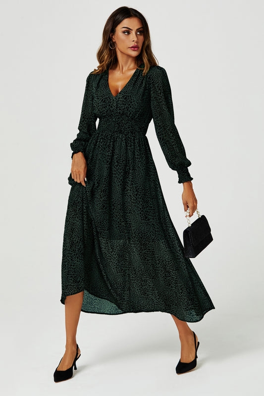 Leopard Print V Neckline Long Sleeve Maxi Dress In Dark Green