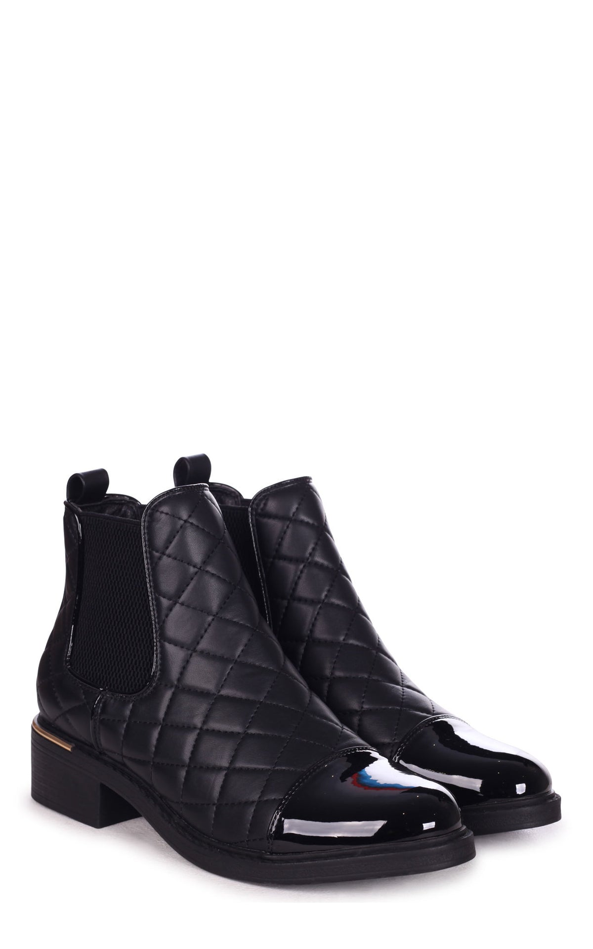 Zimi Black Nappa Quilted Chelsea Boot With Patent Toe Cap And Gold Heel Trim