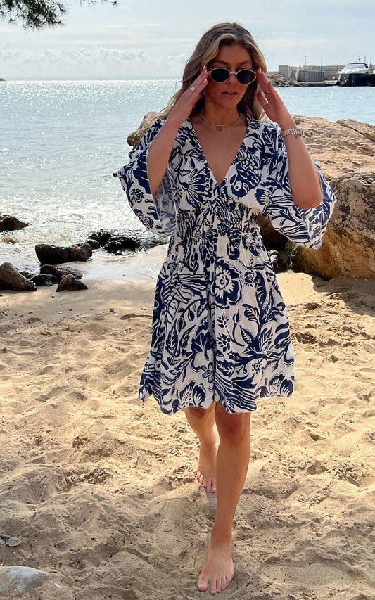 Oversized V Neck Detailed Floral Print Mini Dress in Navy and White