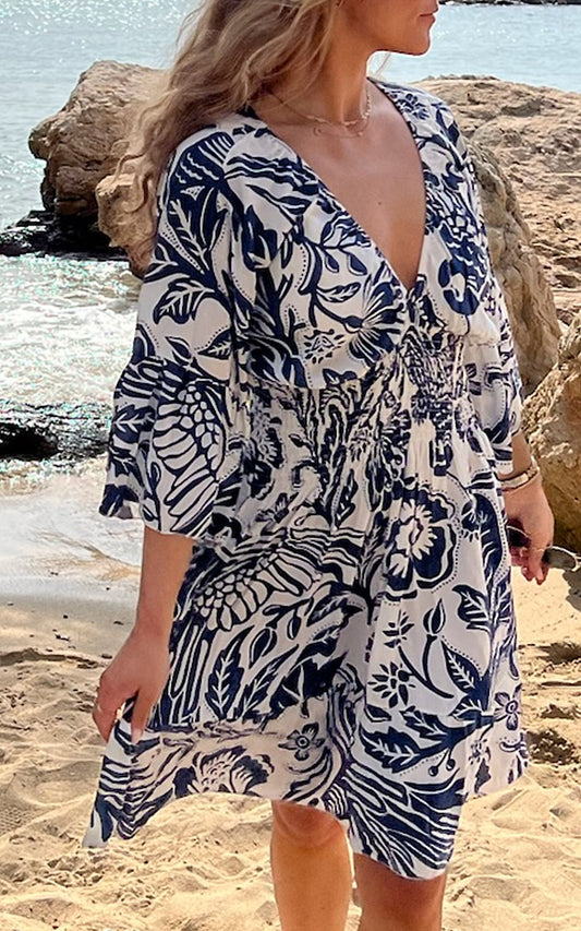 Oversized V Neck Detailed Floral Print Mini Dress in Navy and White