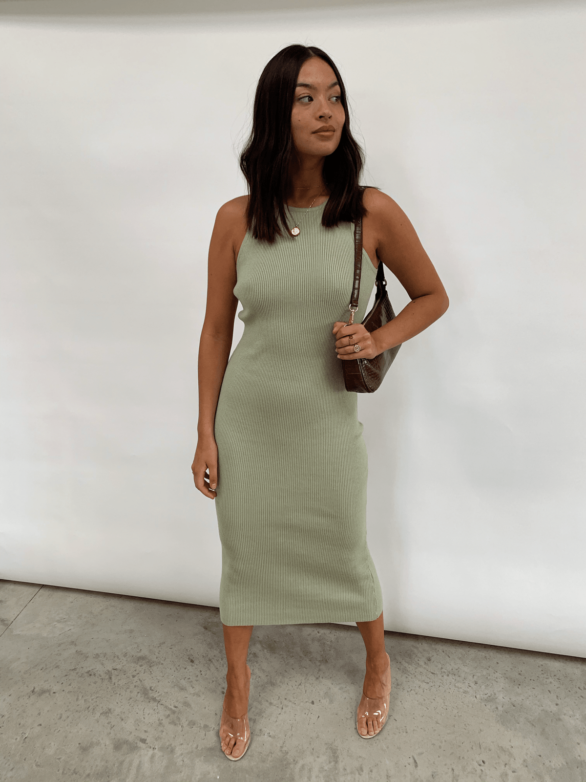 Billie Ribbed Racer Midi Dress - Olive