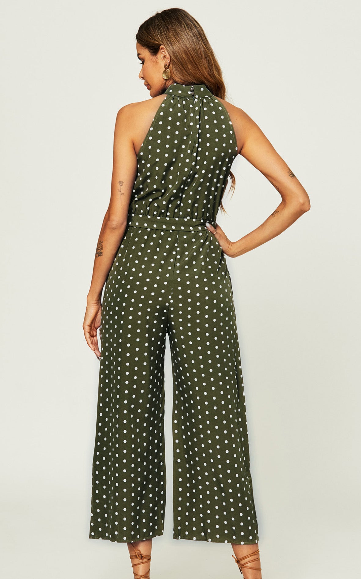 High Neck Jumpsuit In Olive Green Polka Dot