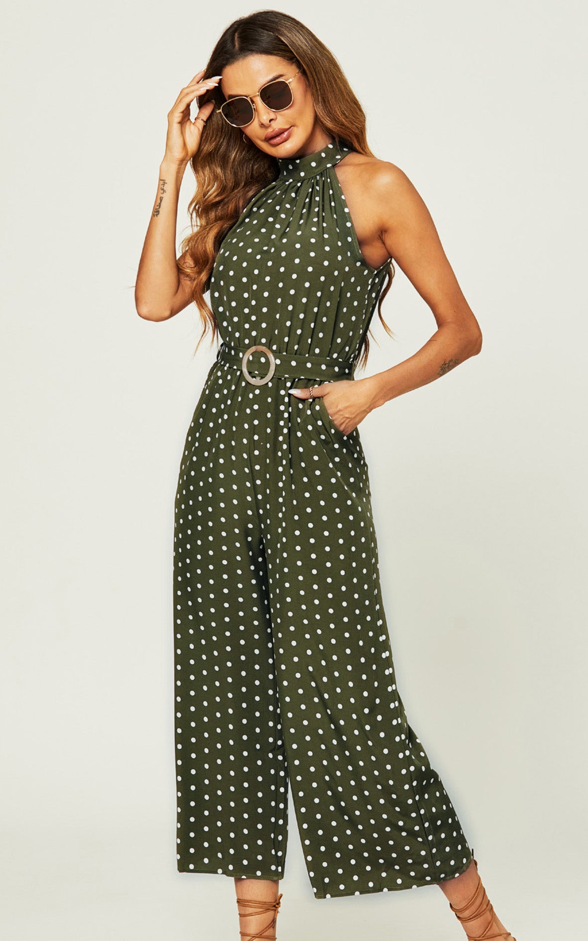 High Neck Jumpsuit In Olive Green Polka Dot