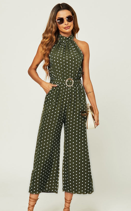 High Neck Jumpsuit In Olive Green Polka Dot