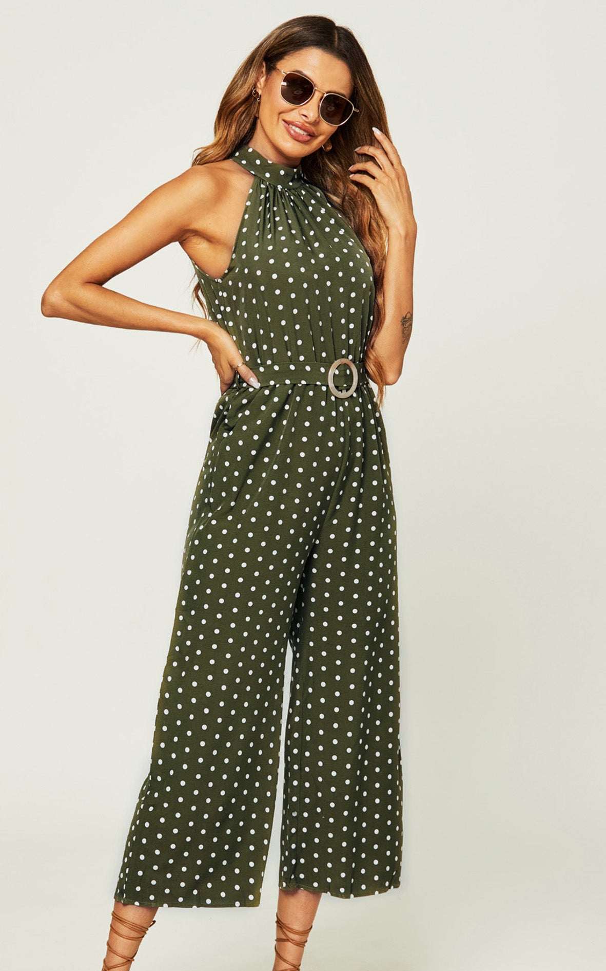 High Neck Jumpsuit In Olive Green Polka Dot