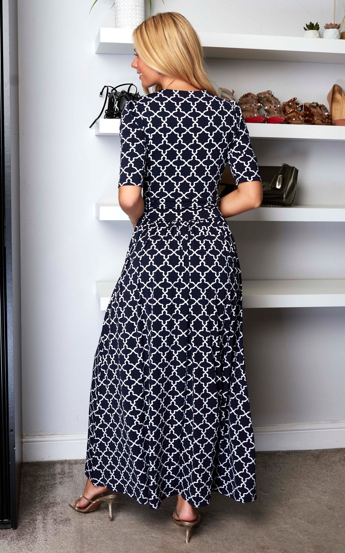Kiera Wrap Front Maxi Dress, Navy Geo