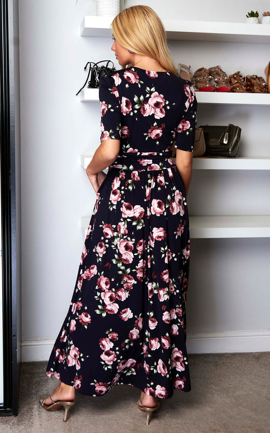 Kiera Wrap Front Maxi Dress, Navy Floral