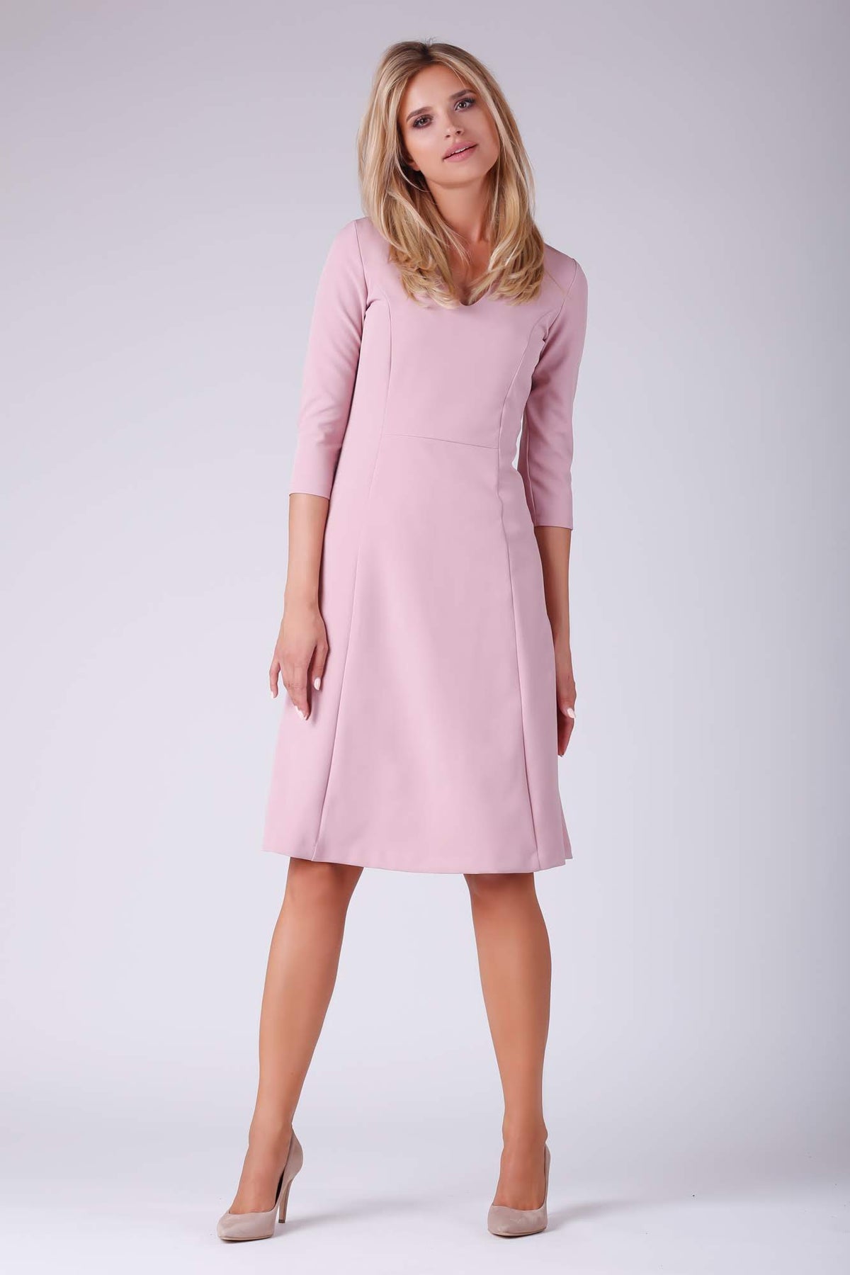 Day Dress with V-Neck and 3/4 Sleeves in Pink