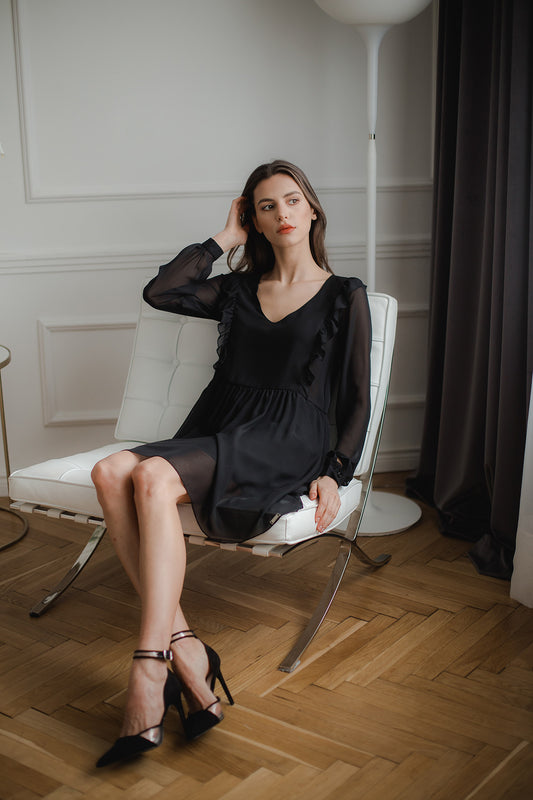 Black Loose Airy Midi Dress With Long Sleeves