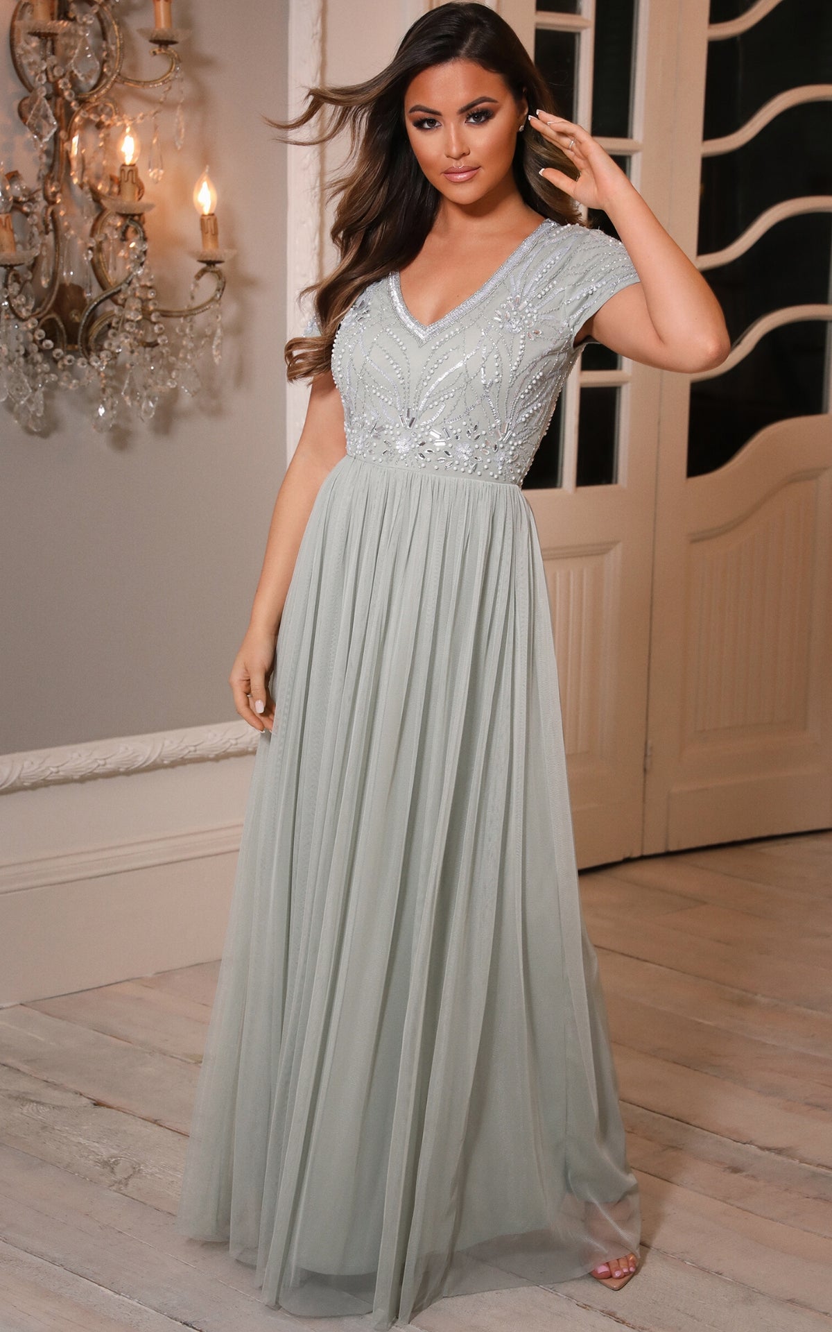 LILLIS EMBELLISHED LACE MAXI DRESS IN SAGE GREEN