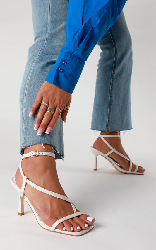 Fenchurch White Faux Patent Leather Strappy Square Toe Heel With Toe Post