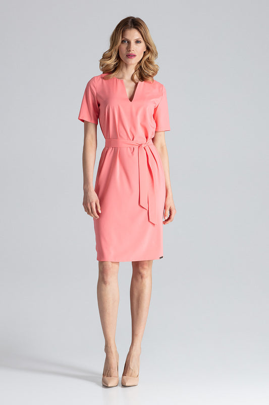 Short Sleeve Dress with Tie Belt in Coral Pink