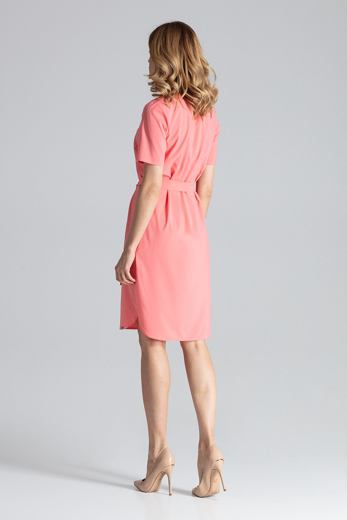 Short Sleeve Dress with Tie Belt in Coral Pink