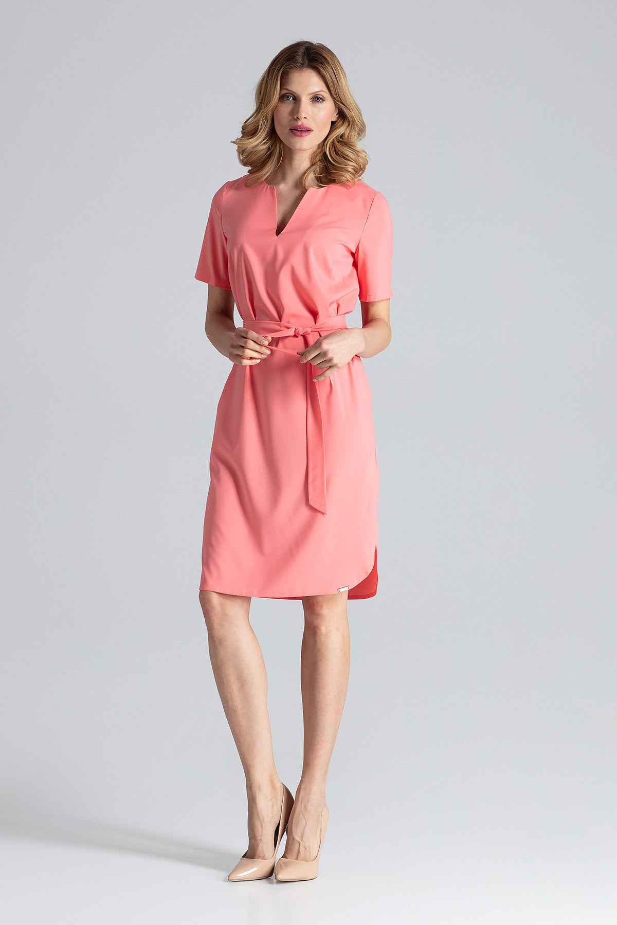 Short Sleeve Dress with Tie Belt in Coral Pink