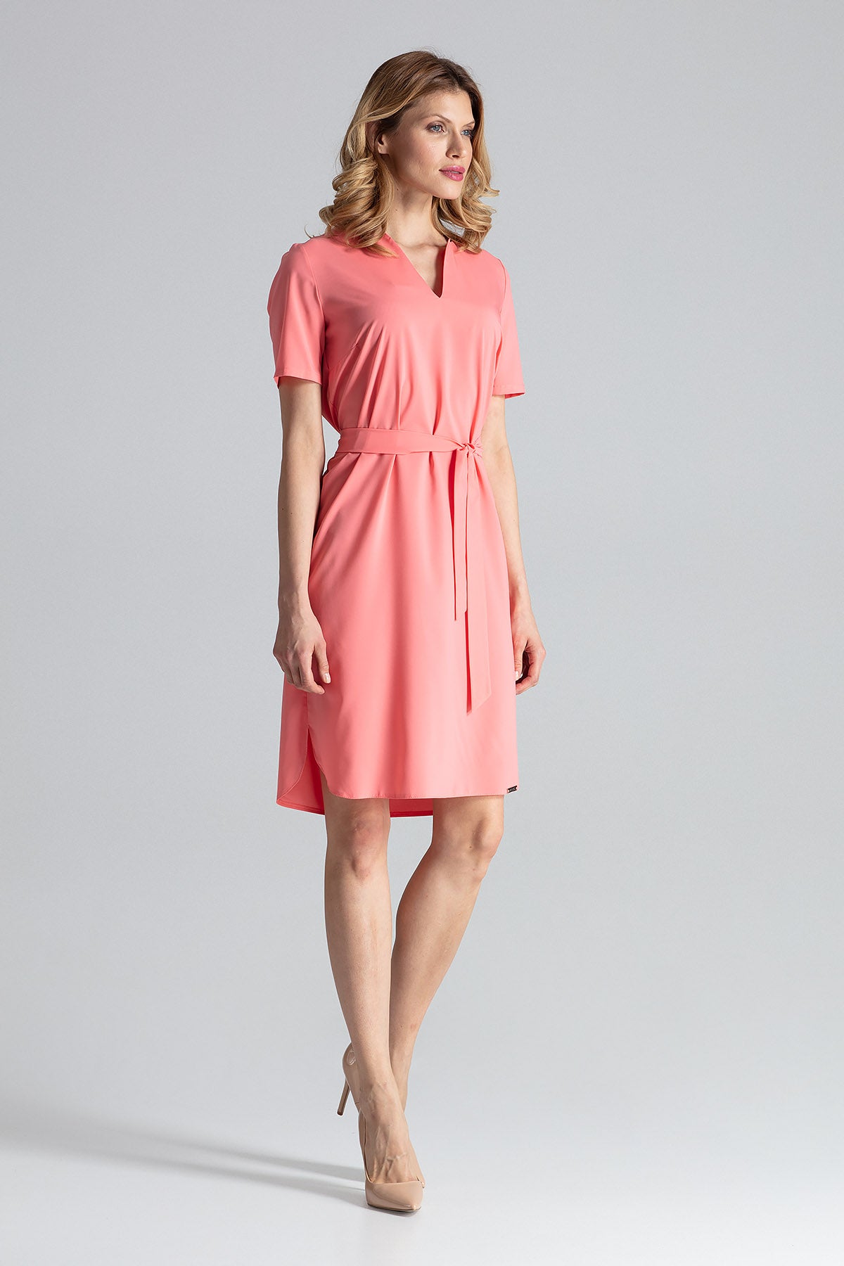 Short Sleeve Dress with Tie Belt in Coral Pink