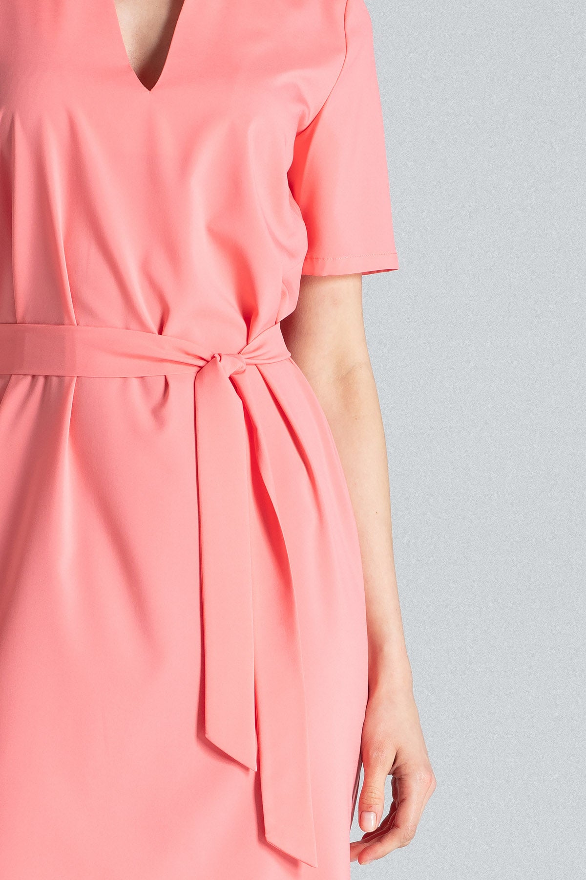 Short Sleeve Dress with Tie Belt in Coral Pink