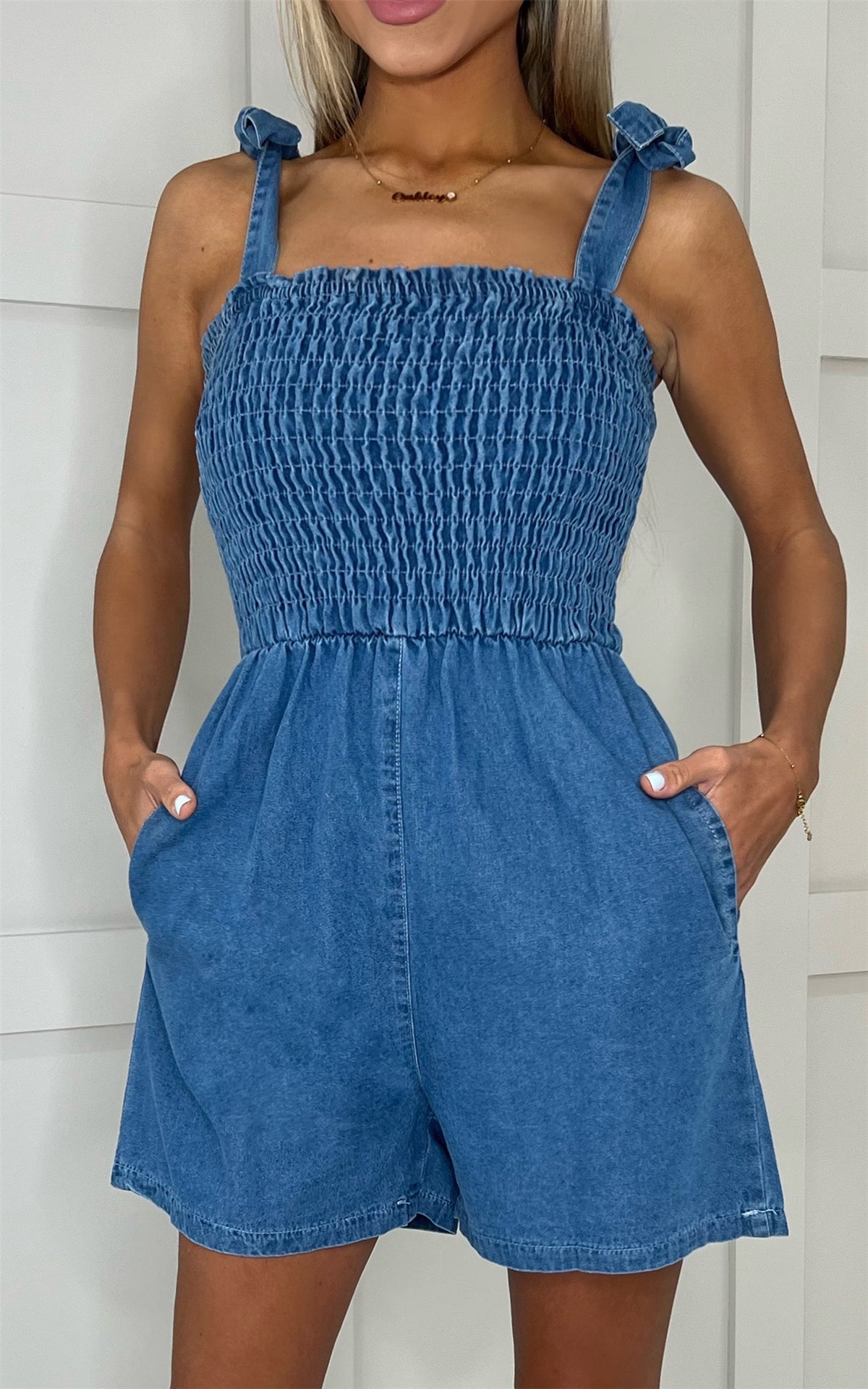Tie Shoulder Denim Playsuit In Blue With Pocket