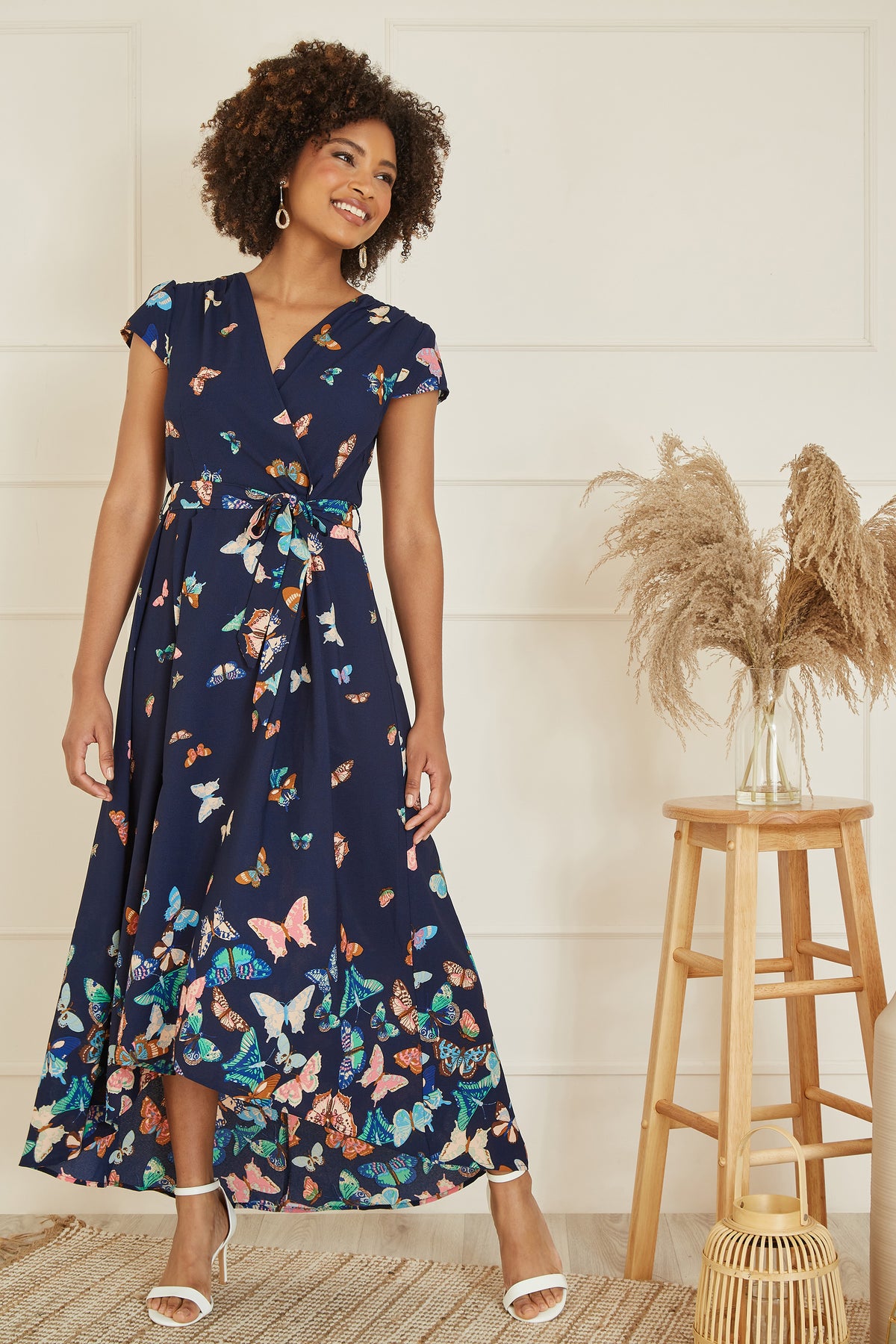 Navy Butterfly Print Dip Hem Midi Wrap Dress