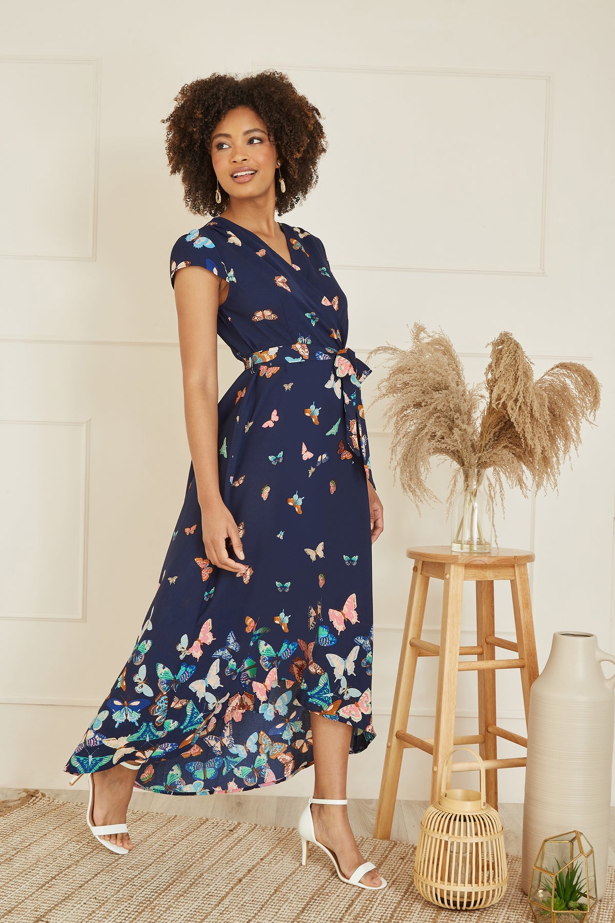 Navy Butterfly Print Dip Hem Midi Wrap Dress