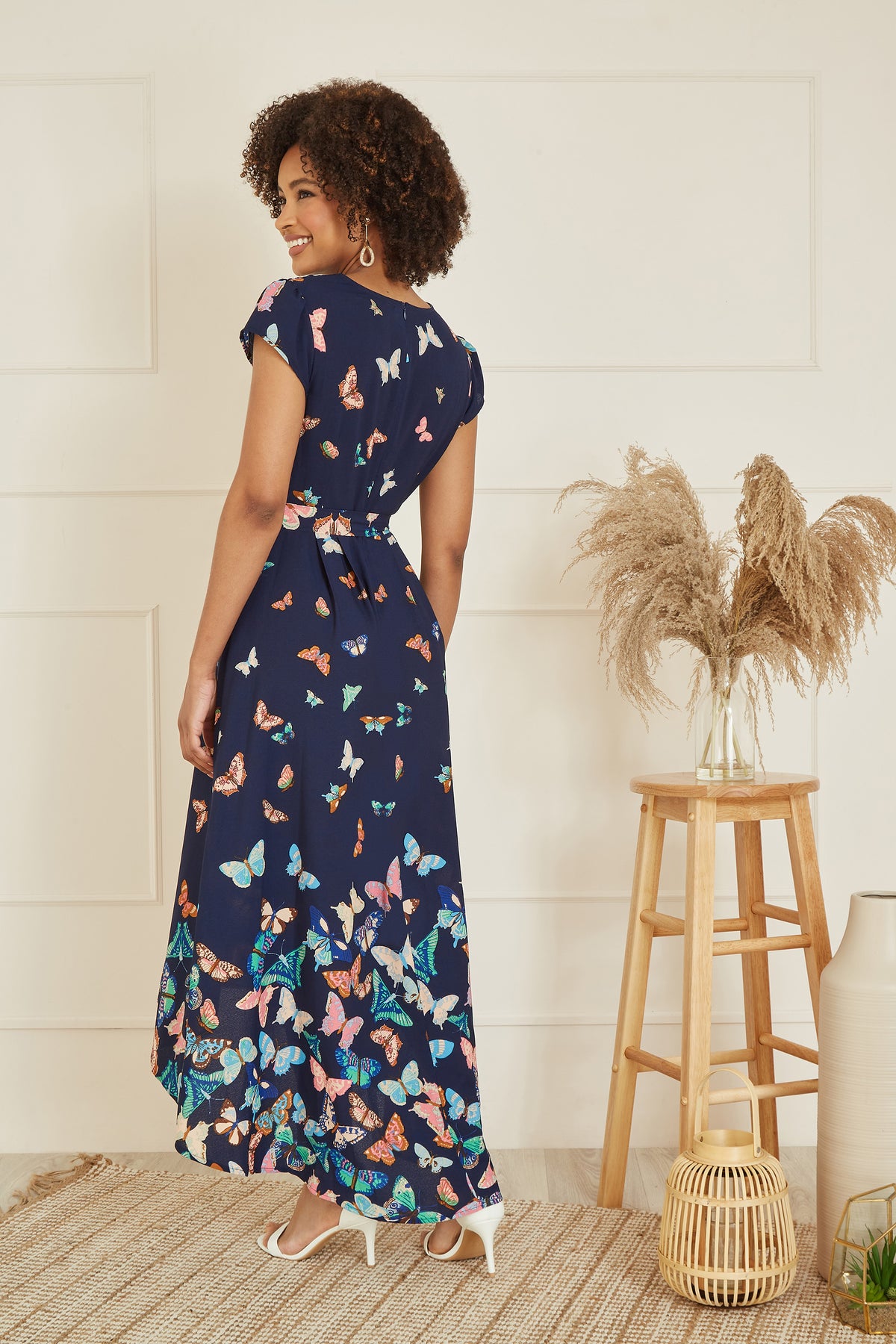 Navy Butterfly Print Dip Hem Midi Wrap Dress