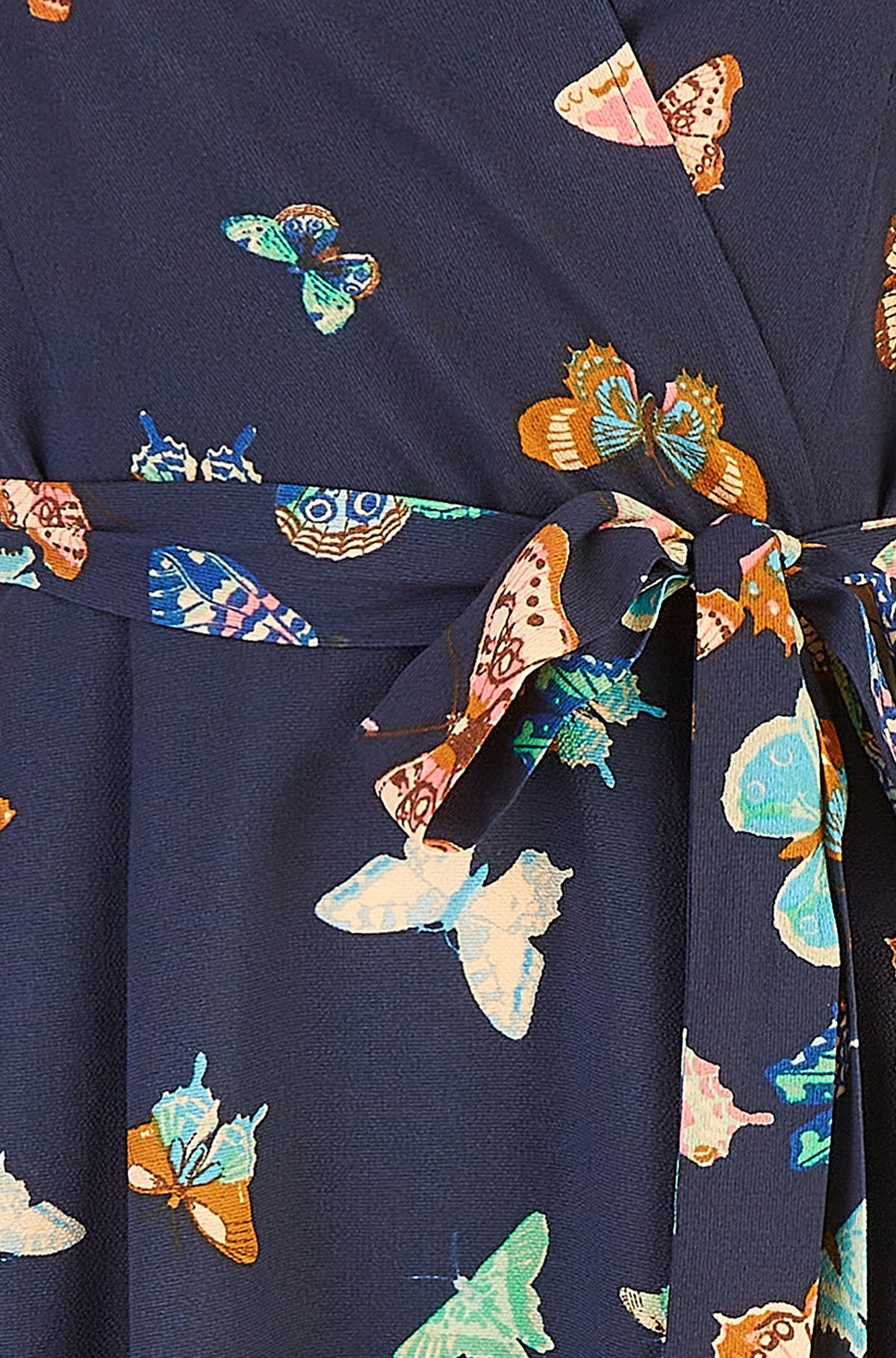 Navy Butterfly Print Dip Hem Midi Wrap Dress