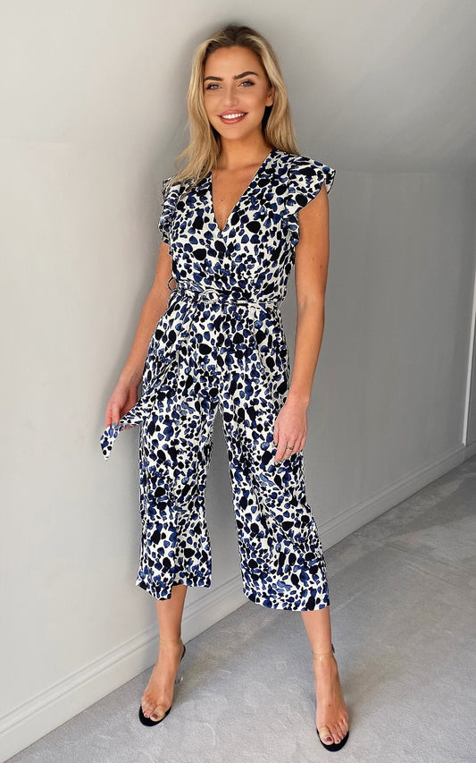 Blue Printed Belted Wrap Jumpsuit