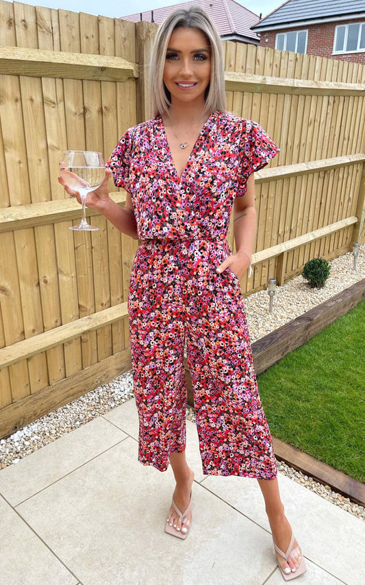 Red Abstract Wrap Over Jumpsuit