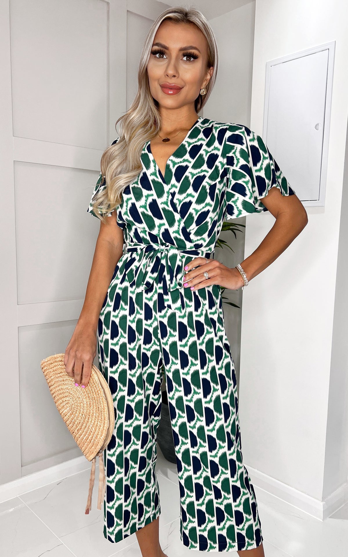 Green and Navy Printed Tie Waist Jumpsuit