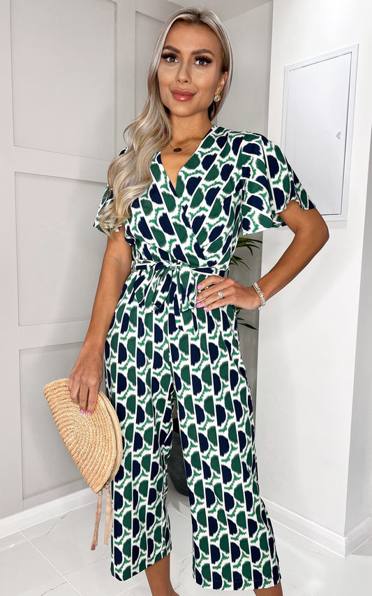 Green and Navy Printed Tie Waist Jumpsuit