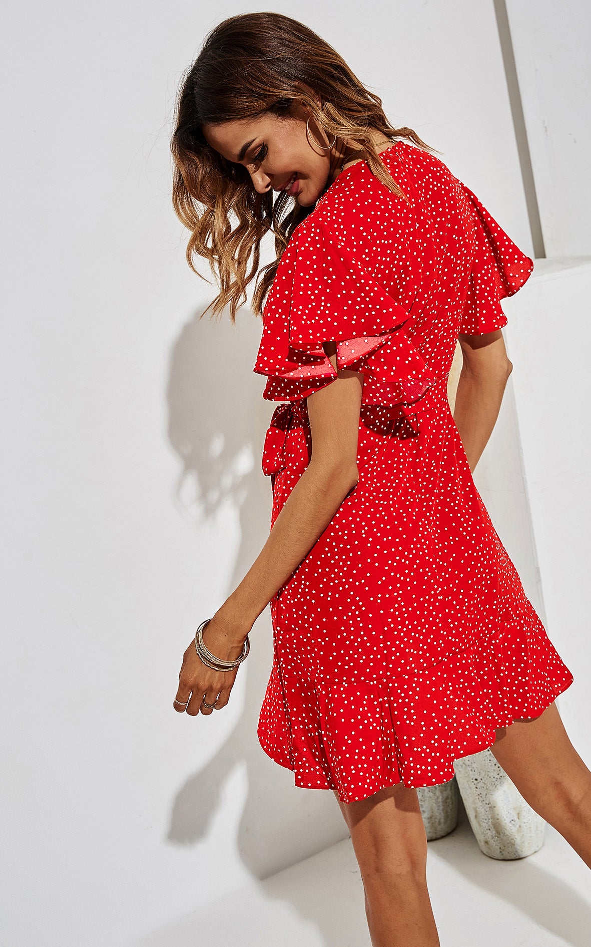 White Dot Mini Wrap Top Dress In Red