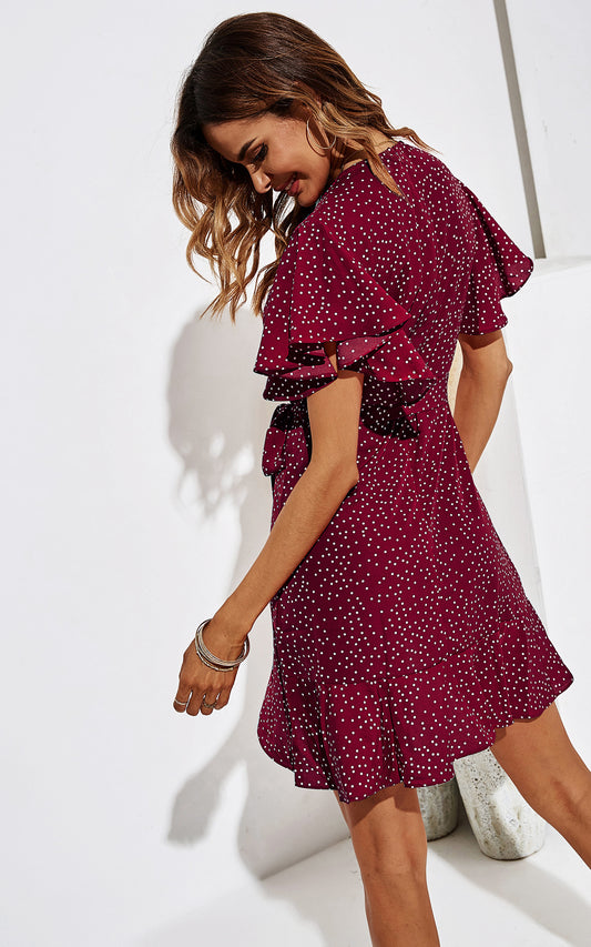 White Dot Mini Wrap Top Dress In Wine