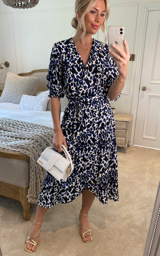Navy and Blue Leopard Print Wrap front Midi Dress
