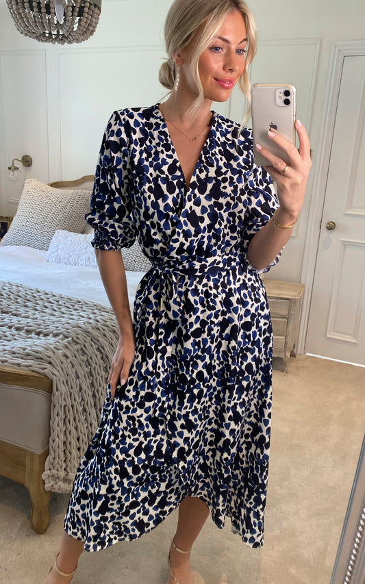 Navy and Blue Leopard Print Wrap front Midi Dress