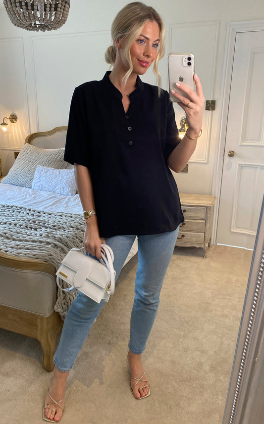 Relaxed Fit Short Sleeves Blouse with Button Details in Black