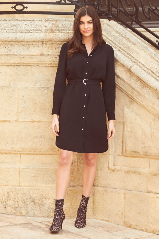 Black D Ring Belted Shirt Dress