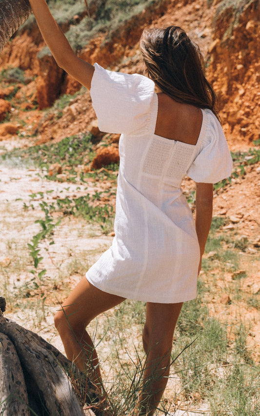 Square Neck Linen Mini Dress in White