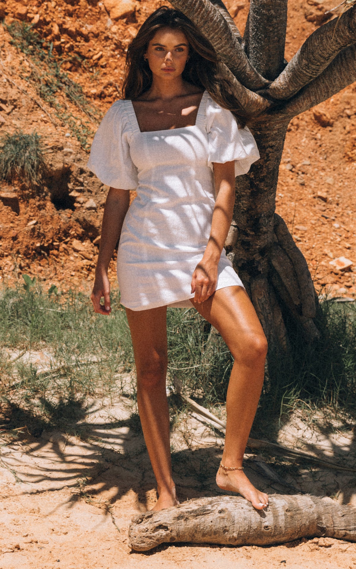 Square Neck Linen Mini Dress in White