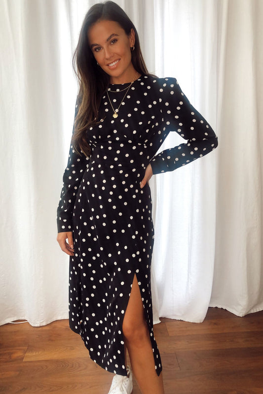 Cass Long Sleeves Split Leg Midi Dress Polka