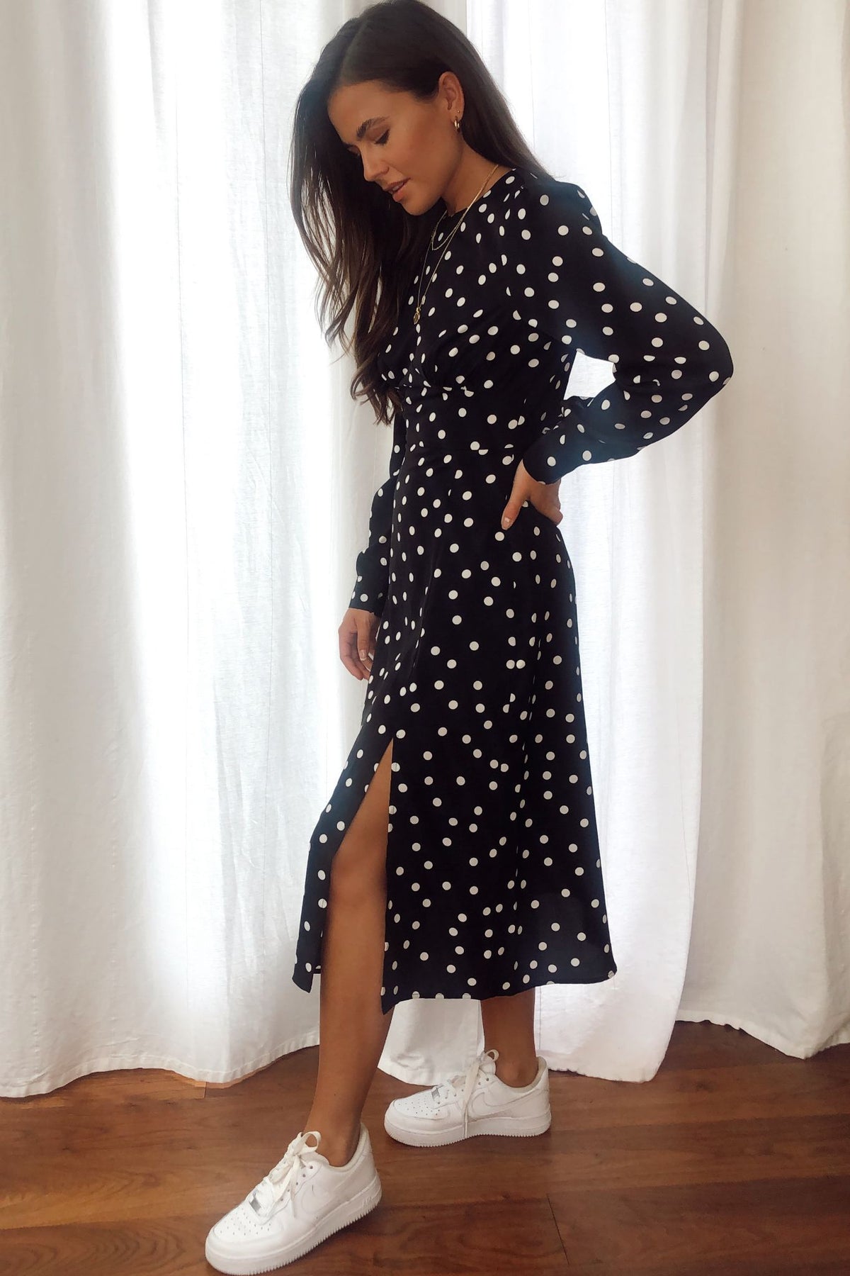 Cass Long Sleeves Split Leg Midi Dress Polka