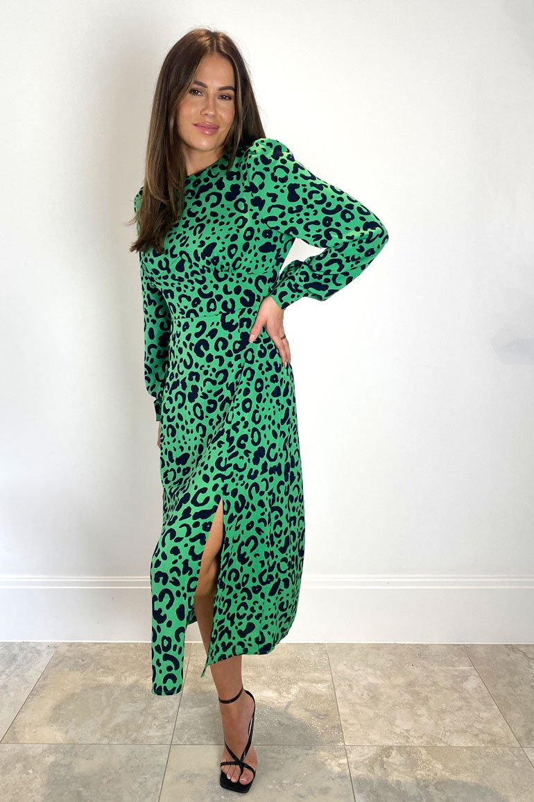 Cass Long Sleeve Split Leg Midi Dress Bright Green Leopard