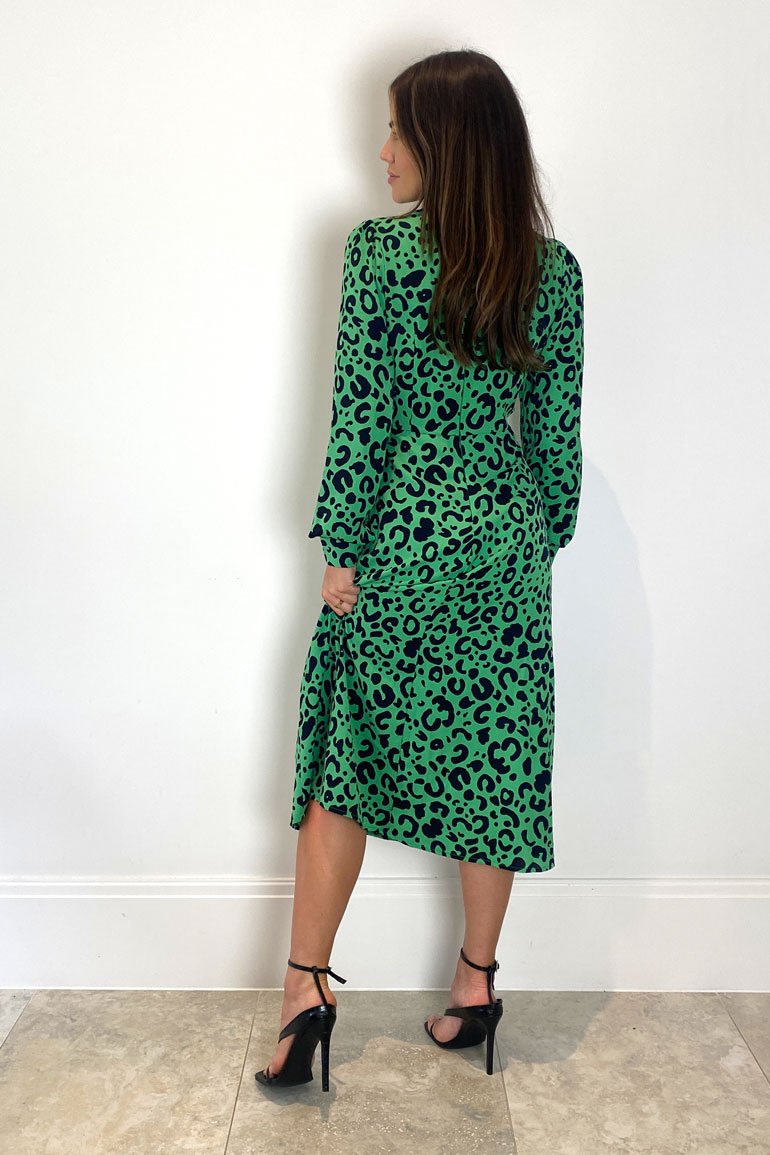 Cass Long Sleeve Split Leg Midi Dress Bright Green Leopard