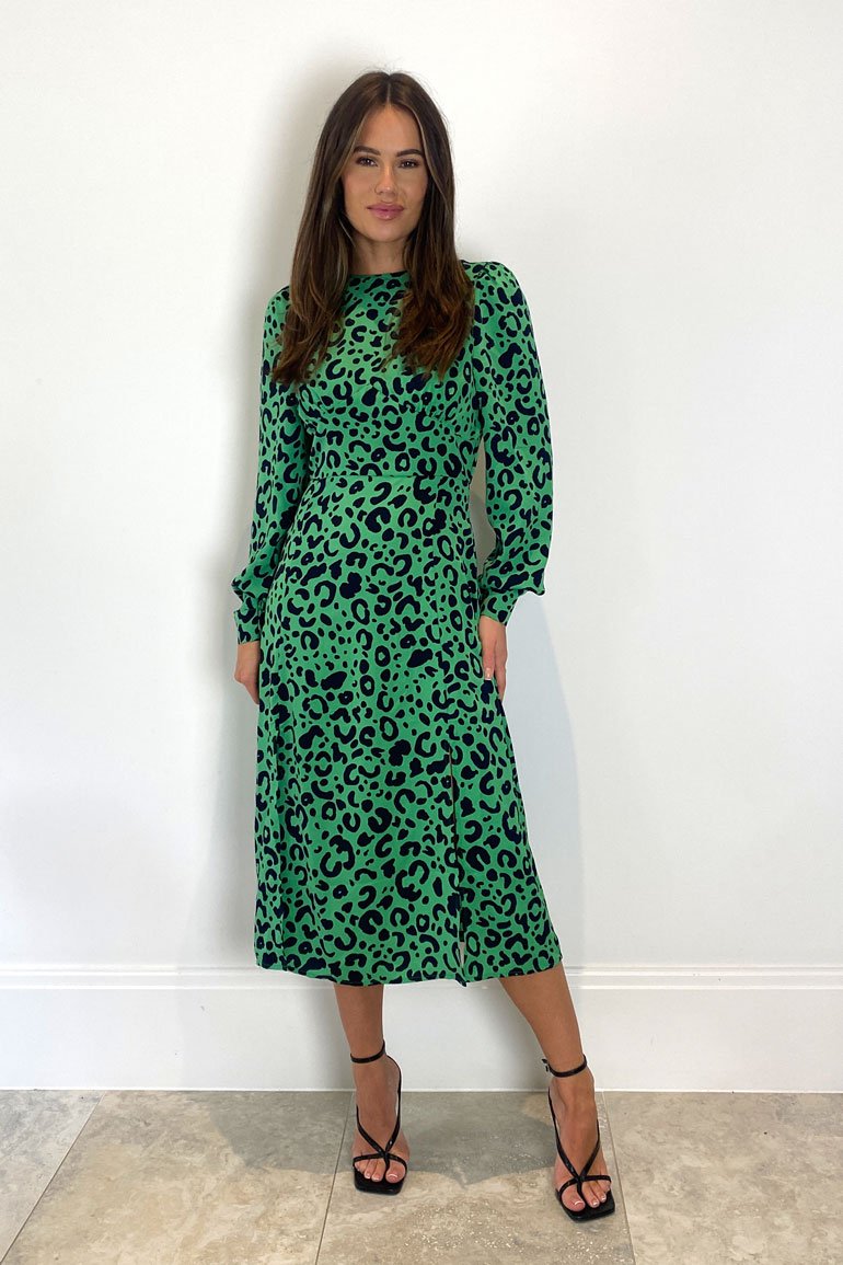 Cass Long Sleeve Split Leg Midi Dress Bright Green Leopard