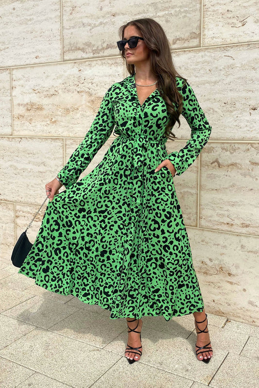 Brielle Long Sleeve Shirt Maxi Dress Green Leopard
