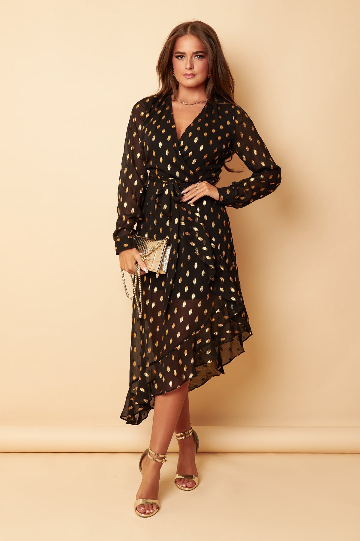 Black & Gold Foil Asymmetric Midi Dress