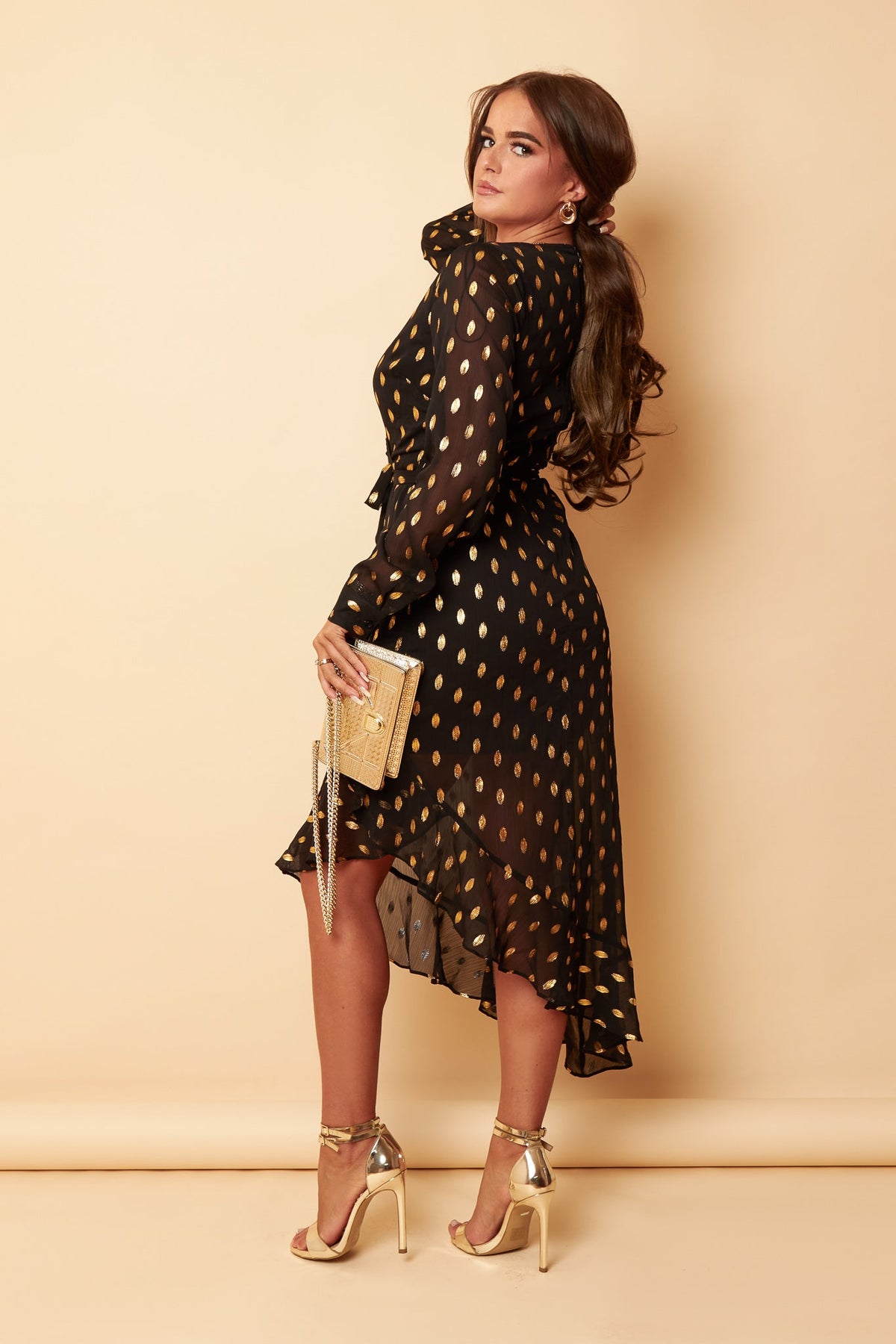 Black & Gold Foil Asymmetric Midi Dress