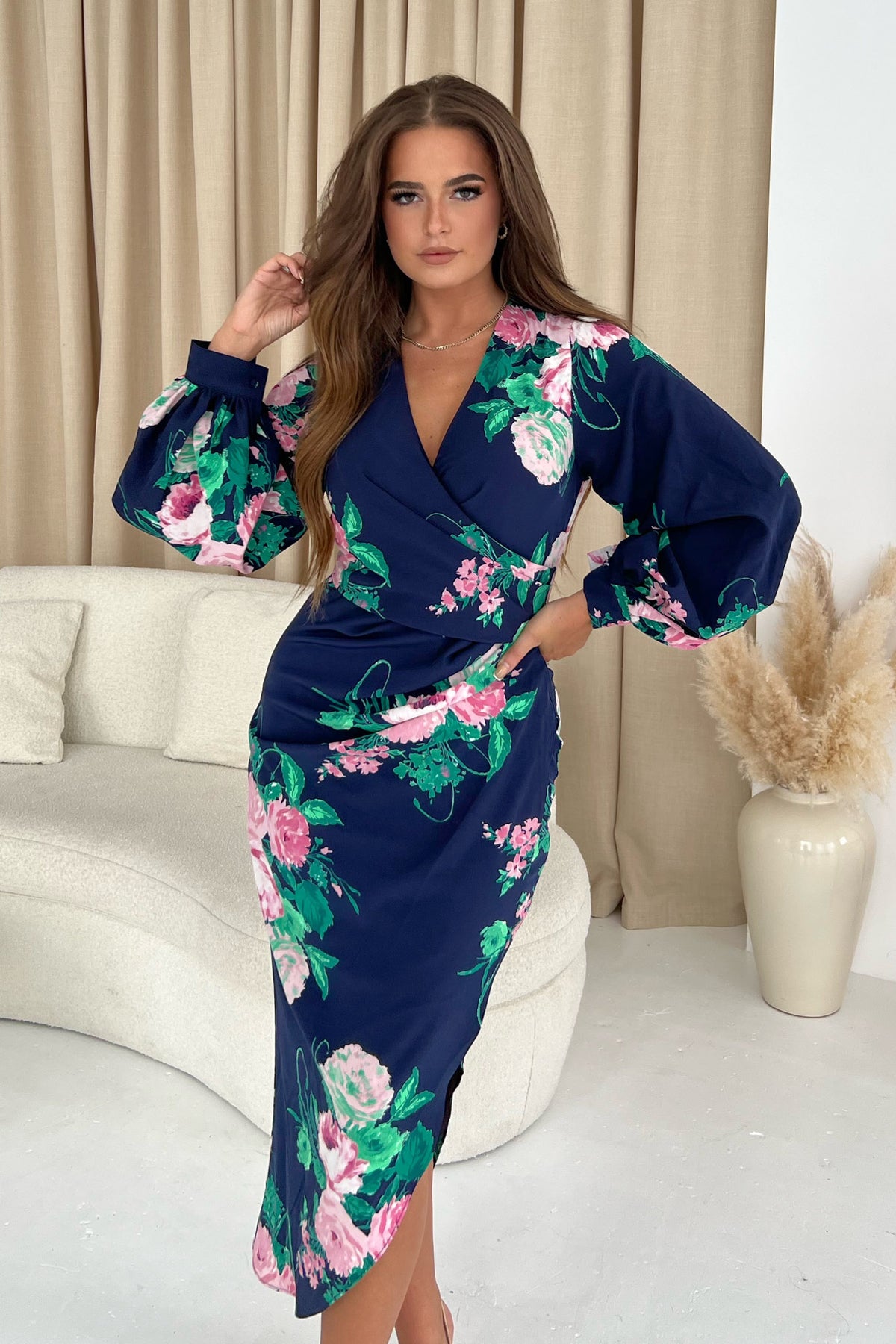Elsa Navy and Pink Floral Wrap Asymmetric Dress | Girl In Mind 