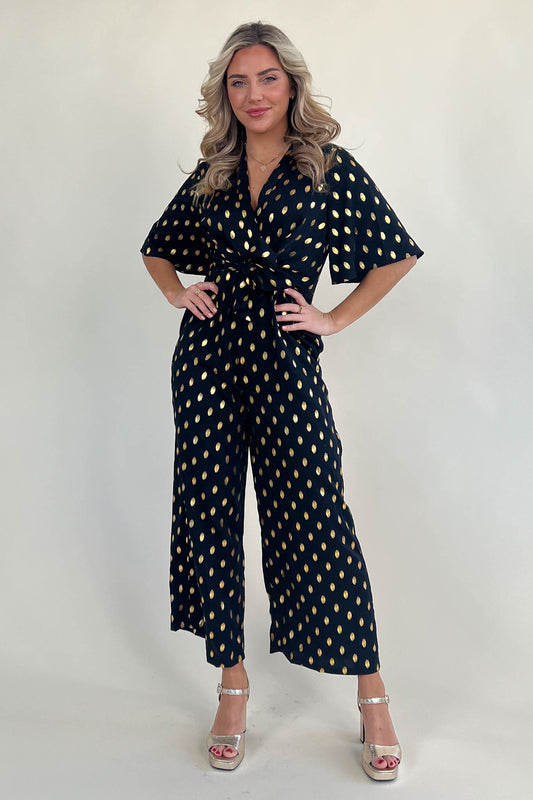Freya Black And Gold Foil Wrap Detail Culotte Jumpsuit