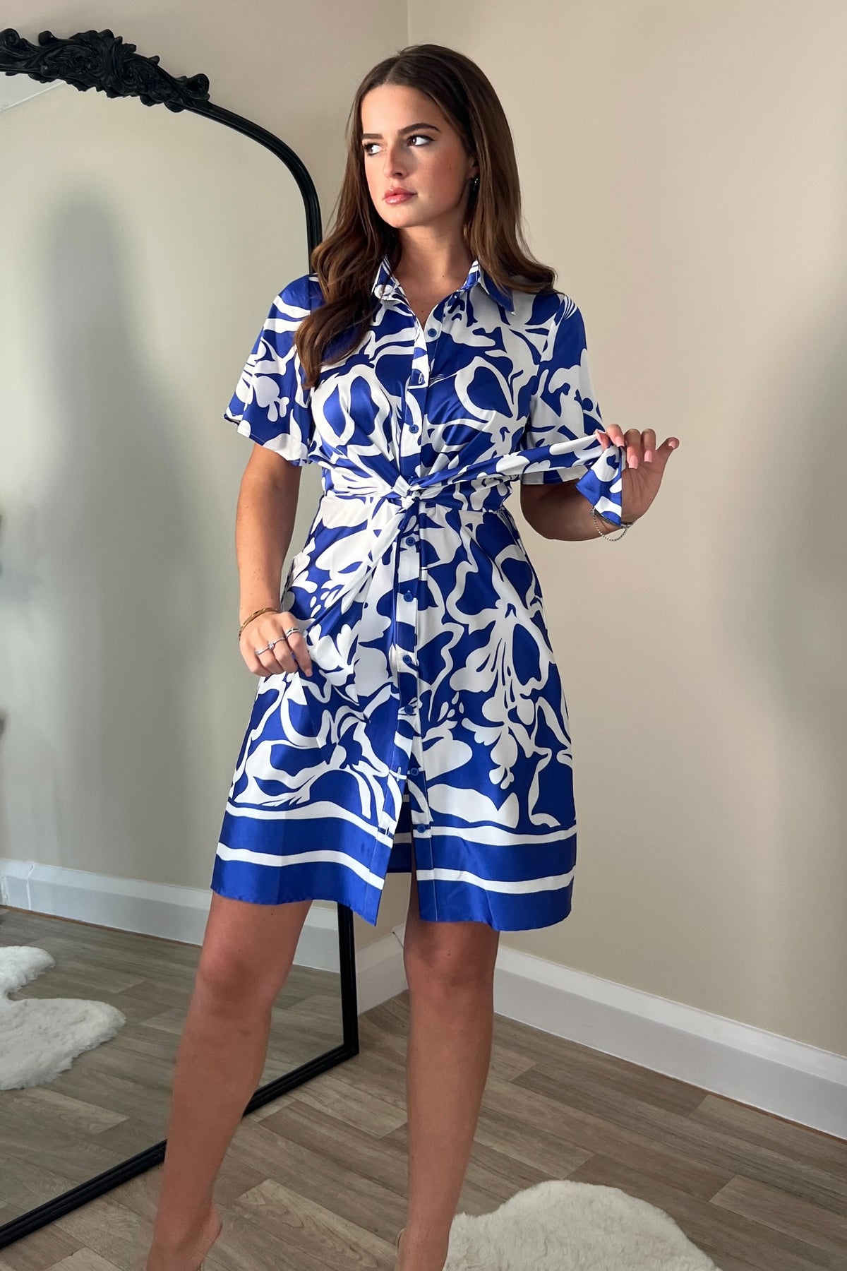 Verity Cobalt Boarder Print Tie Detail Mini Shirt Dress