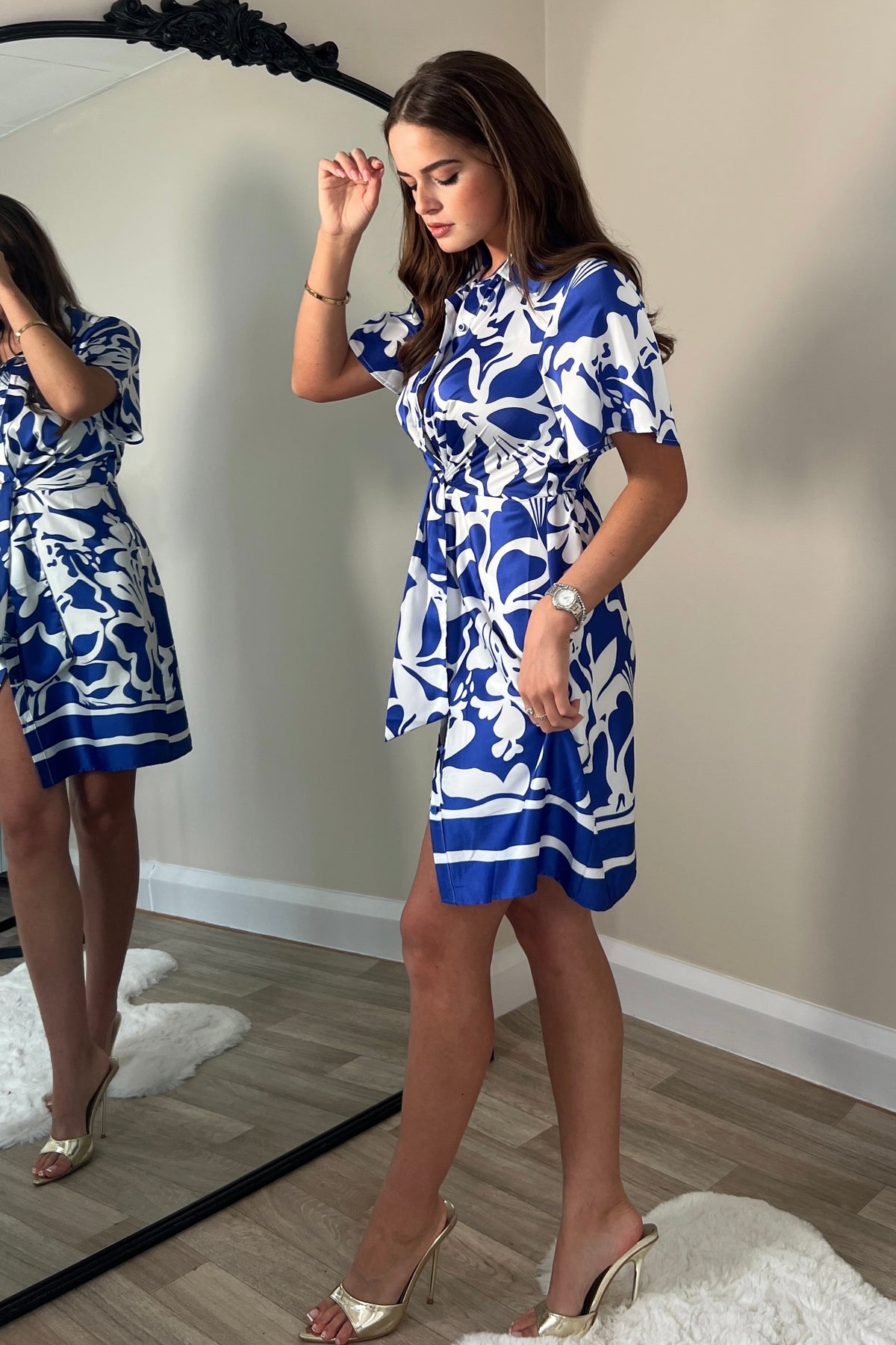 Verity Cobalt Boarder Print Tie Detail Mini Shirt Dress
