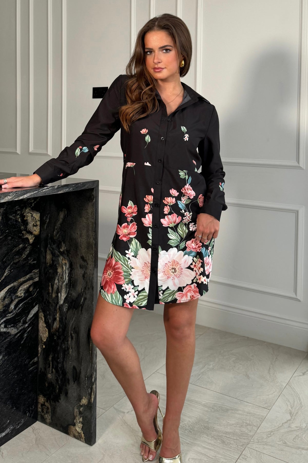 Alana Floral Boarder Print Shirt Dress Black